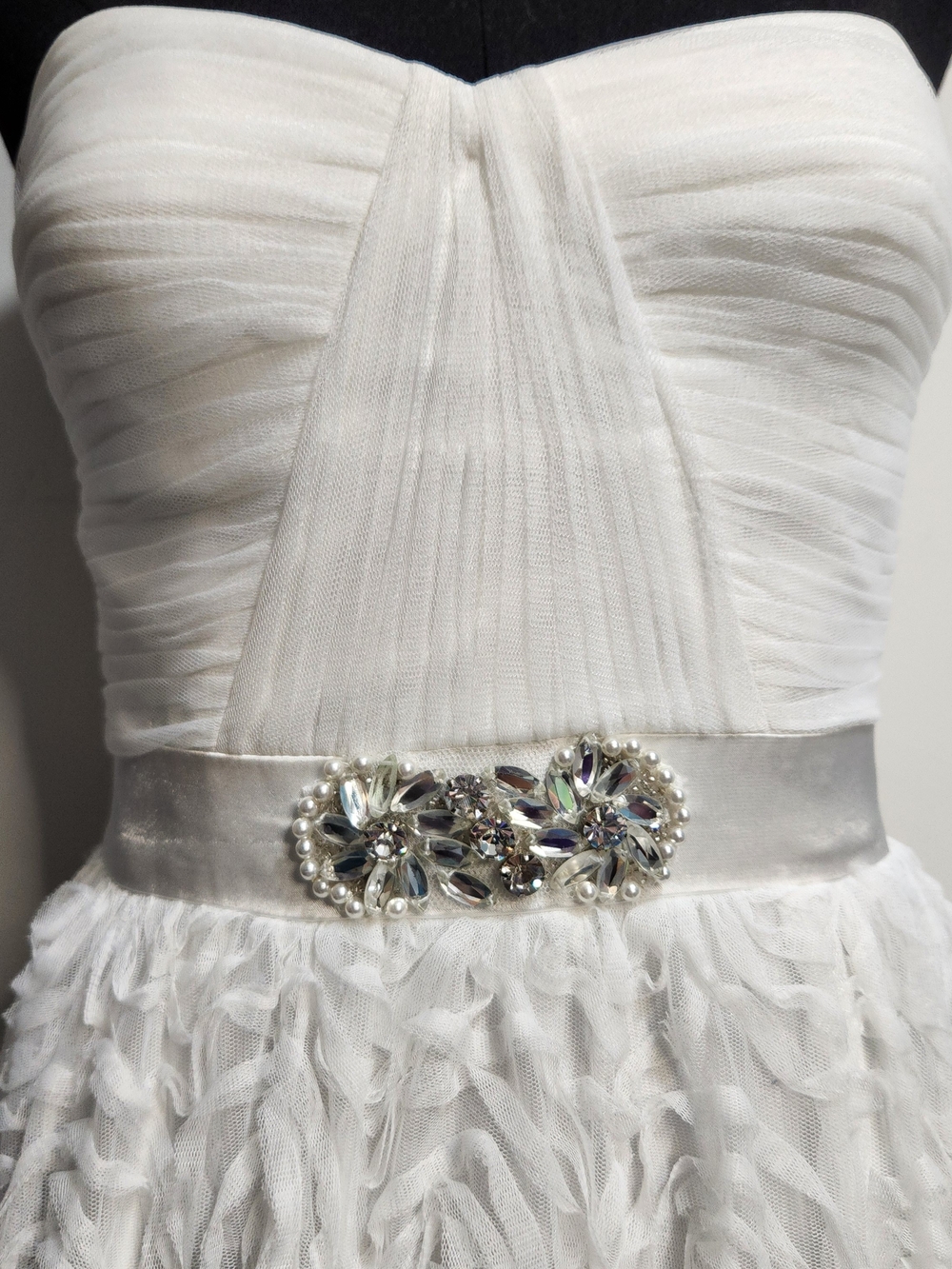 Adrianna Papell White Strapless Rosette Ball Gown with Jeweled Belt - Picture 2 of 10